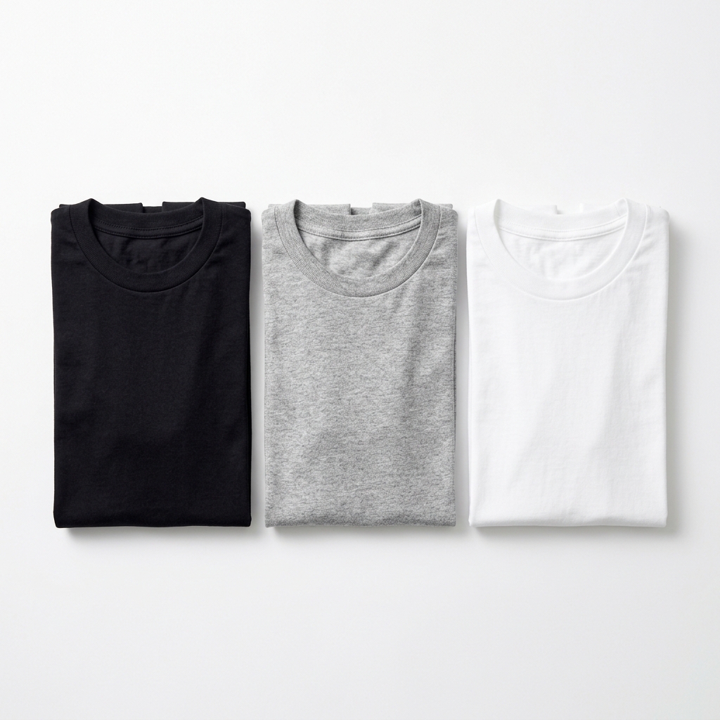 Pack de três camisetas de cores diferentes juntas em fundo branco