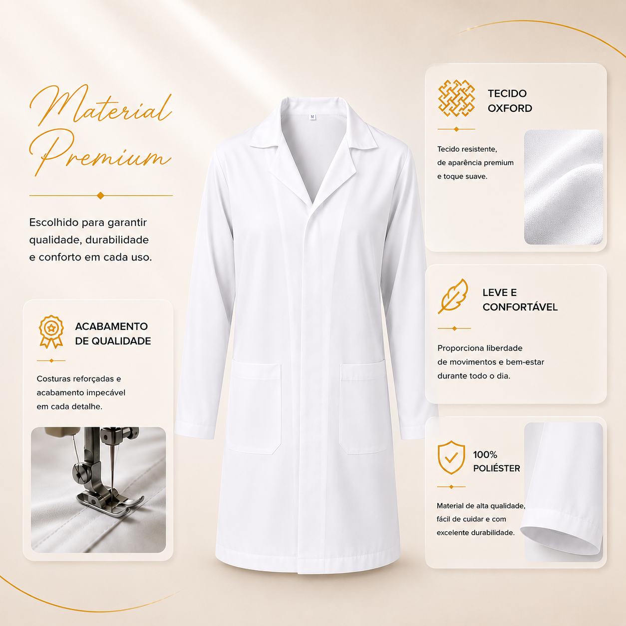 Exemplo 4: Infográfico de Material e Composição do Jaleco Médico