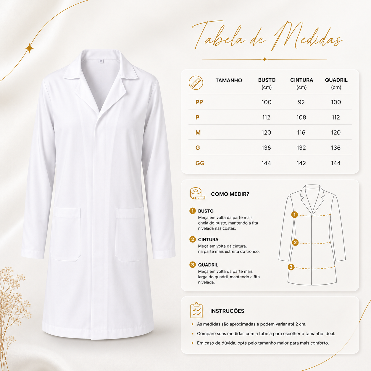 Exemplo 5: Infográfico de Tabela de Medidas e Dimensões do Jaleco Médico