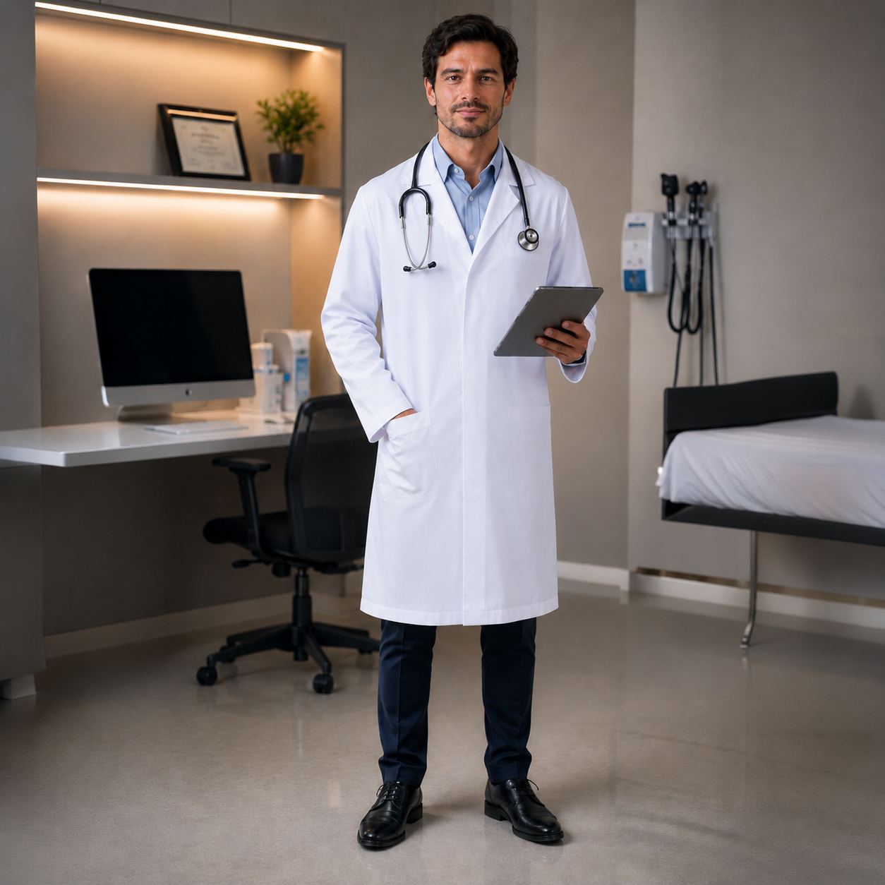 Exemplo 2: Foto Ambientada (Lifestyle) — jaleco médico vestido em consultório