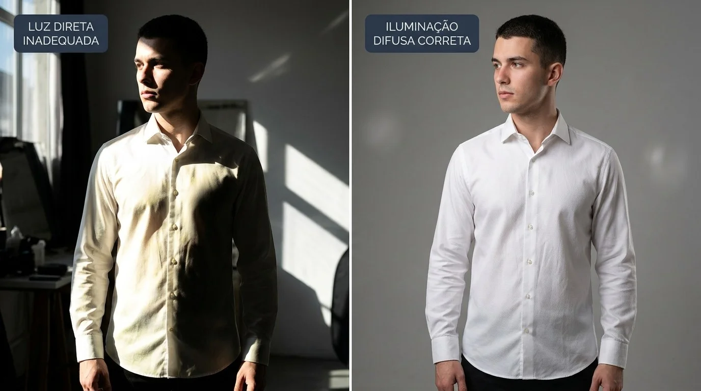 Comparativo entre luz solar direta inadequada com sombras duras e iluminação difusa correta com softbox