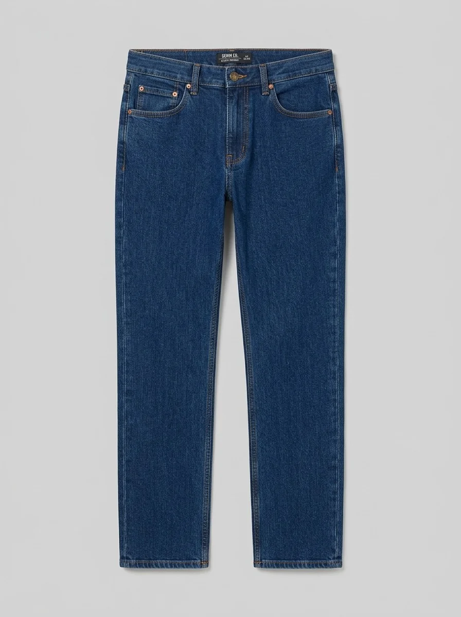 Calça jeans azul clássica alinhada de frente em fundo neutro para anúncio de e-commerce