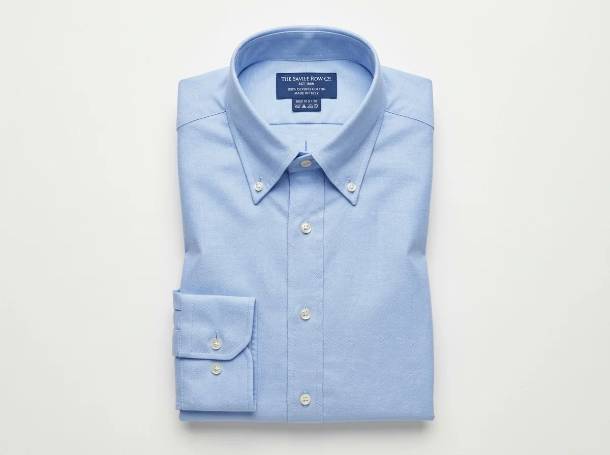 Camisa social azul clara oxford dobrada em catálogo de e-commerce com foco na gola e punho
