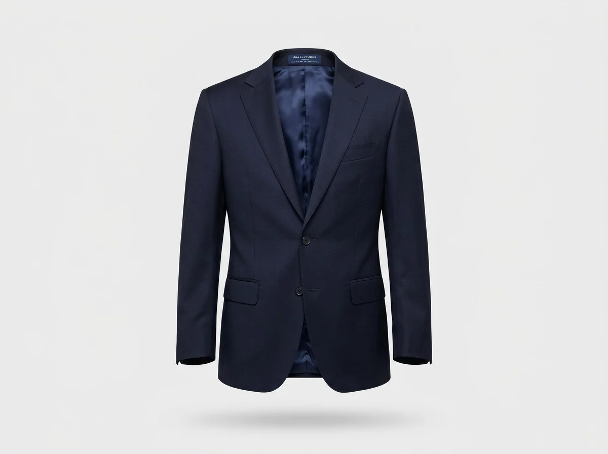 Blazer azul marinho estruturado com efeito manequim fantasma exibindo forro interno e caimento 3D