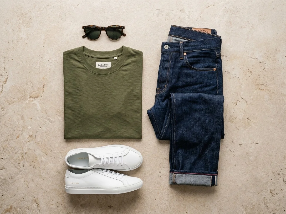 Composição flat lay de camiseta verde oliva, calça jeans e tênis fotografada de cima