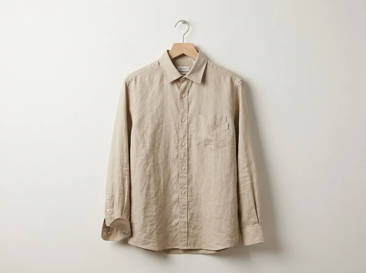 Camisa de linho bege em cabide de madeira minimalista contra fundo neutro