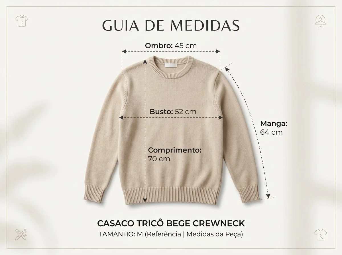 Infográfico de listing image com guia de medidas em centímetros sobre peça de vestuário